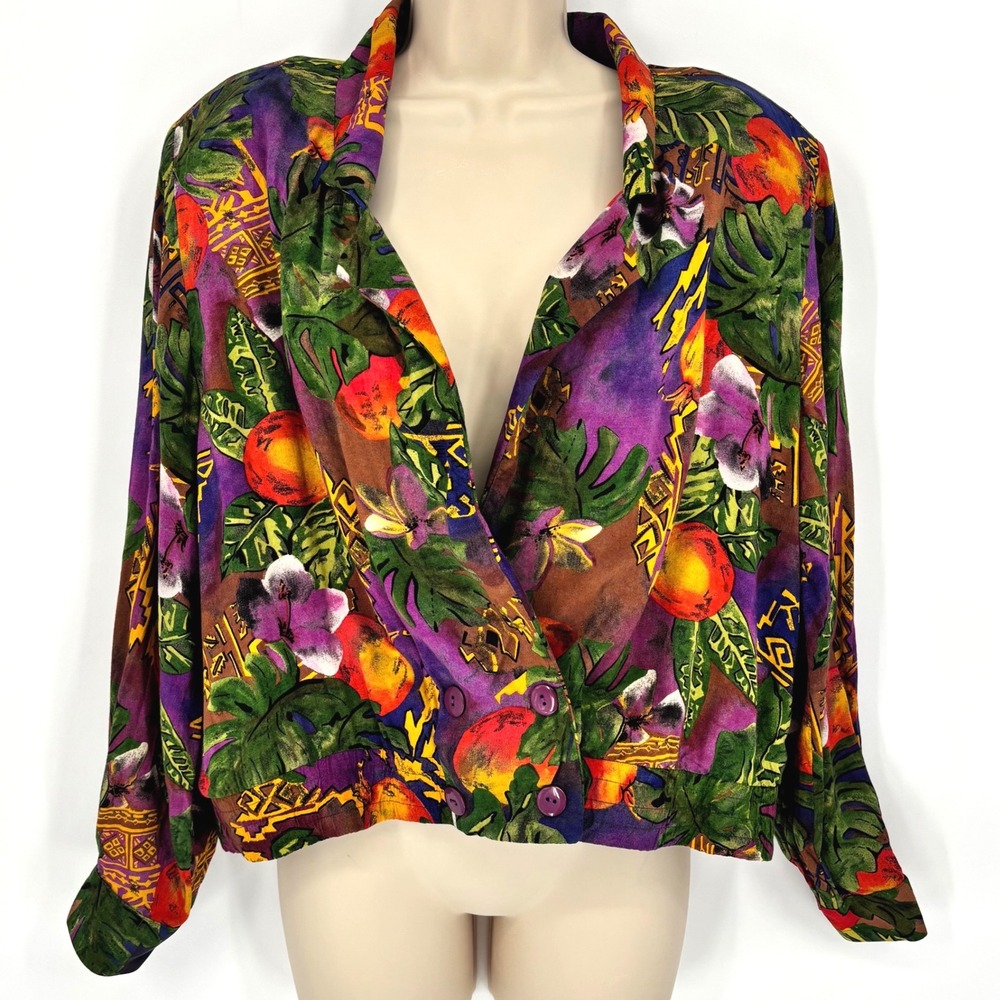 PS Illustrations Vintage Tropical Fruit Floral Cropped Jacket Purple Multicolor